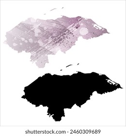 High detailed vector map. Honduras. Set of two cards. Watercolor style. Purple color. Black card.