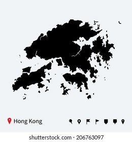 High detailed vector map of Hong Kong with navigation pins.