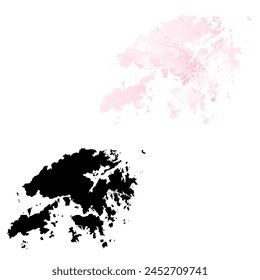 High detailed vector map. Hong Kong. Set of two cards. Watercolor style. Pink color. Black card.