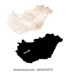 Mapa de Vector detallado. Hungría. Juego de dos cartas. Estilo acuarela. Color beige marrón. Tarjeta negra.
