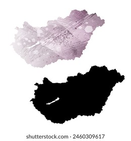 High detailed vector map. Hungary. Set of two cards. Watercolor style. Purple color. Black card.