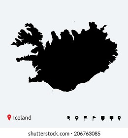 High detailed vector map of Iceland with navigation pins.