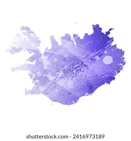 High detailed vector map. Iceland. Watercolor style. Aspid blue color. A violet, delicate, pastel color.