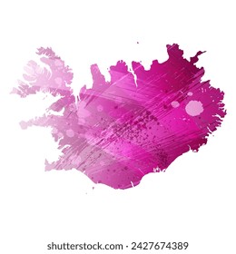 High detailed vector map. Iceland. Watercolor style. Eggplant color. Purple bright color.