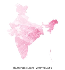 Mapa vectorial detallado alto. India. Estilo acuarela. Color rosa amaranto.