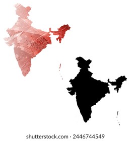 High detailed vector map. India. Set of two cards. Watercolor style. Red color. Black card.