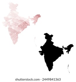 High detailed vector map. India. Set of two cards. Watercolor style. Pink color. Black card.