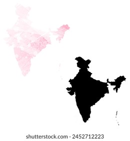 High detailed vector map. India. Set of two cards. Watercolor style. Pink color. Black card.