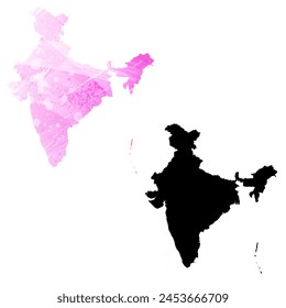 Detaillierte Karte der Vektorgrafik. Indien. Satz von zwei Karten. Aquarellstil. Rosa Farbe. Schwarze Karte.