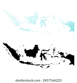 High detailed vector map. Indonesia. Set of two maps. Watercolor style. Blue color. Black map.