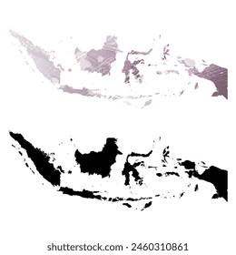 Mapa de Vector detallado. Indonesia. Juego de dos cartas. Estilo acuarela. Color púrpura. Tarjeta negra.