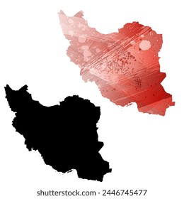 High detailed vector map. Iran. Set of two cards. Watercolor style. Red color. Black card.