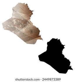 Mapa de Vector detallado. Irak. Juego de dos cartas. Estilo acuarela. Color marrón. Tarjeta negra.