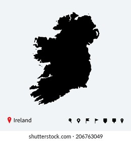 High detailed vector map of Ireland with navigation pins.