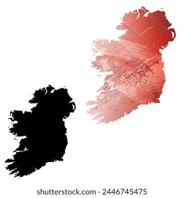 Mapa de Vector detallado. Irlanda. Juego de dos cartas. Estilo acuarela. Color rojo. Tarjeta negra.
