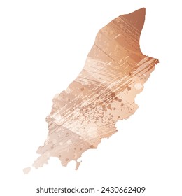 Mapa vectorial detallado. Isla de Man. Estilo acuarela. Beige y rojo. Color marrón.
