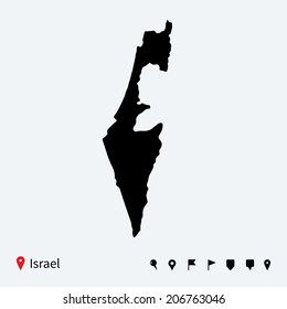 High detailed vector map of Israel with navigation pins.