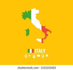 High detailed vector map of Italy. Name country, flag and pointer set. Flat vector illustration.