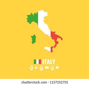 High detailed vector map of Italy. Name country, flag and pointer set. Flat vector illustration.