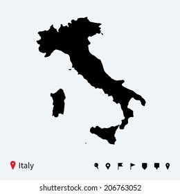 High detailed vector map of Italy with navigation pins.