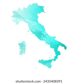 Mapa vectorial detallado. Italia. Estilo acuarela. Color turquesa. Color azul brillante.