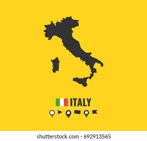 High detailed vector map of Italy. Name country, flag and pointer set. Flat vector illustration.