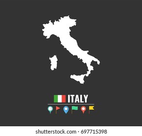 High detailed vector map of Italy. Name country, flag and pointer set. Flat vector illustration.