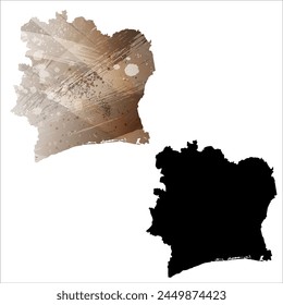 High detailed vector map. Ivory Coast. Set of two cards. Watercolor style. Brown color. Black card.