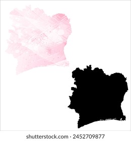 Mapa de Vector detallado. Costa de Marfil. Juego de dos cartas. Estilo acuarela. Color rosa. Tarjeta negra.