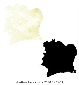 Mapa de Vector detallado. Costa de Marfil. Juego de dos cartas. Estilo acuarela. Color limón amarillo. Tarjeta negra.