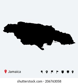 High detailed vector map of Jamaica with navigation pins.