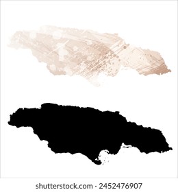 Mapa de Vector detallado. Jamaica. Juego de dos cartas. Estilo acuarela. Color beige marrón. Tarjeta negra.