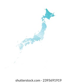 High detailed vector map. Japan. Watercolor style. Aquamarine blue color.