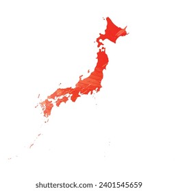 High detailed vector map. Japan. Watercolor style. Scarlet bright red color.