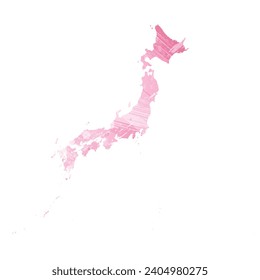Mapa vectorial detallado alto. Japón. Estilo acuarela. Color rosa amaranto.