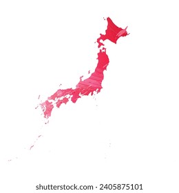 High detailed vector map. Japan. Watercolor style. Amaranth red color.