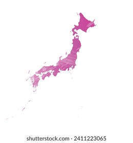 High detailed vector map. Japan. Watercolor style. Amaranth light cherry pink color.