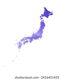 High detailed vector map. Japan. Watercolor style. Aspid blue color. A violet, delicate, pastel color.