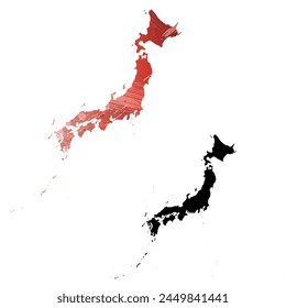 Mapa de Vector detallado. Japón. Juego de dos cartas. Estilo acuarela. Color rojo. Tarjeta negra.