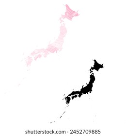 Mapa de Vector detallado. Japón. Juego de dos cartas. Estilo acuarela. Color rosa. Tarjeta negra.
