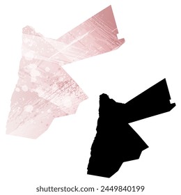 Detaillierte Karte der Vektorgrafik. Jordanien. Satz von zwei Karten. Aquarellstil. Rosa Farbe. Schwarze Karte.