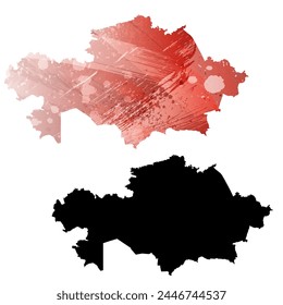 High detailed vector map. Kazakhstan. Set of two cards. Watercolor style. Red color. Black card.