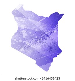 High detailed vector map. Kenya. Watercolor style. Aspid blue color. A violet, delicate, pastel color.