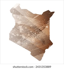 High detailed vector map. Kenya. Watercolor Style. Beige and brown color.