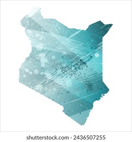 High detailed vector map. Kenya. Watercolor style. Turquoise blue color. Blue is a deep color.