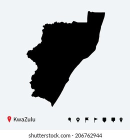 High detailed vector map of KwaZulu with navigation pins.
