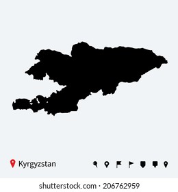 High detailed vector map of Kyrgyzstan with navigation pins.