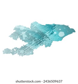 High detailed vector map. Kyrgyzstan. Watercolor style. Turquoise blue color. Blue is a deep color.