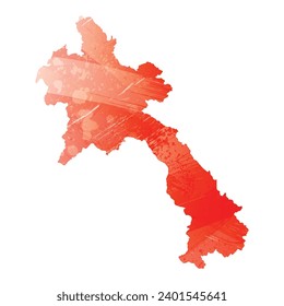 High detailed vector map. Laos. Watercolor style. Scarlet bright red color.