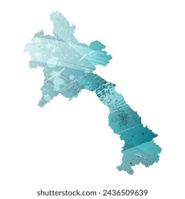 High detailed vector map. Laos. Watercolor style. Turquoise blue color. Blue is a deep color.